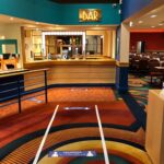 The bar at the club, with its social distancing markings following reopening from Covid.