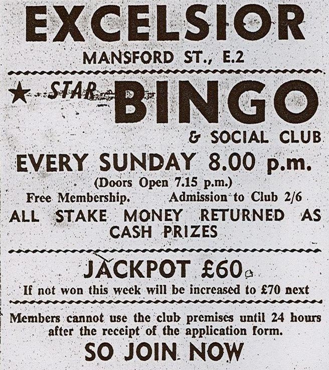 Flyer for Sunday night bingo at the Excelsior