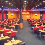 View of the stage and seating at the club.