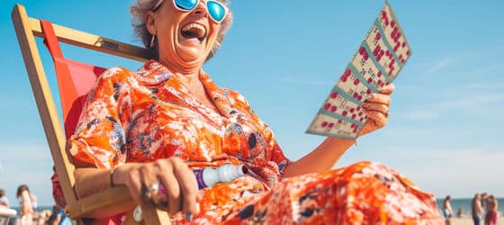 Bingo on holiday - lady playing bingo on the beach, she is sat in a deckchair and extremely happy!