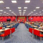 A view of the stage and seating in the main part of the hall at Cumbernauld Buzz Bingo.