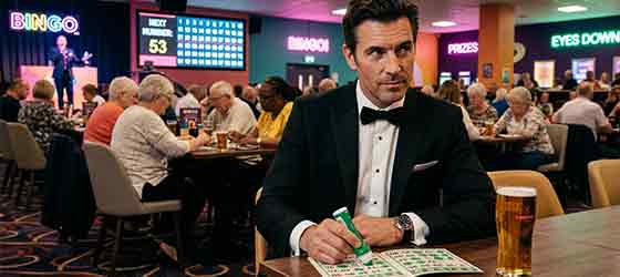 A dashing super-spy plays bingo at the local bingo hall...